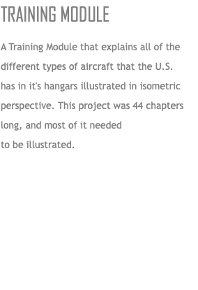 TRAINING MODULE A Training Module that explains all of the different types of aircraft that the U.S.  has in it's hangars illustrated in isometric perspective. This project was 44 chapters long, and most of it needed  to be illustrated.